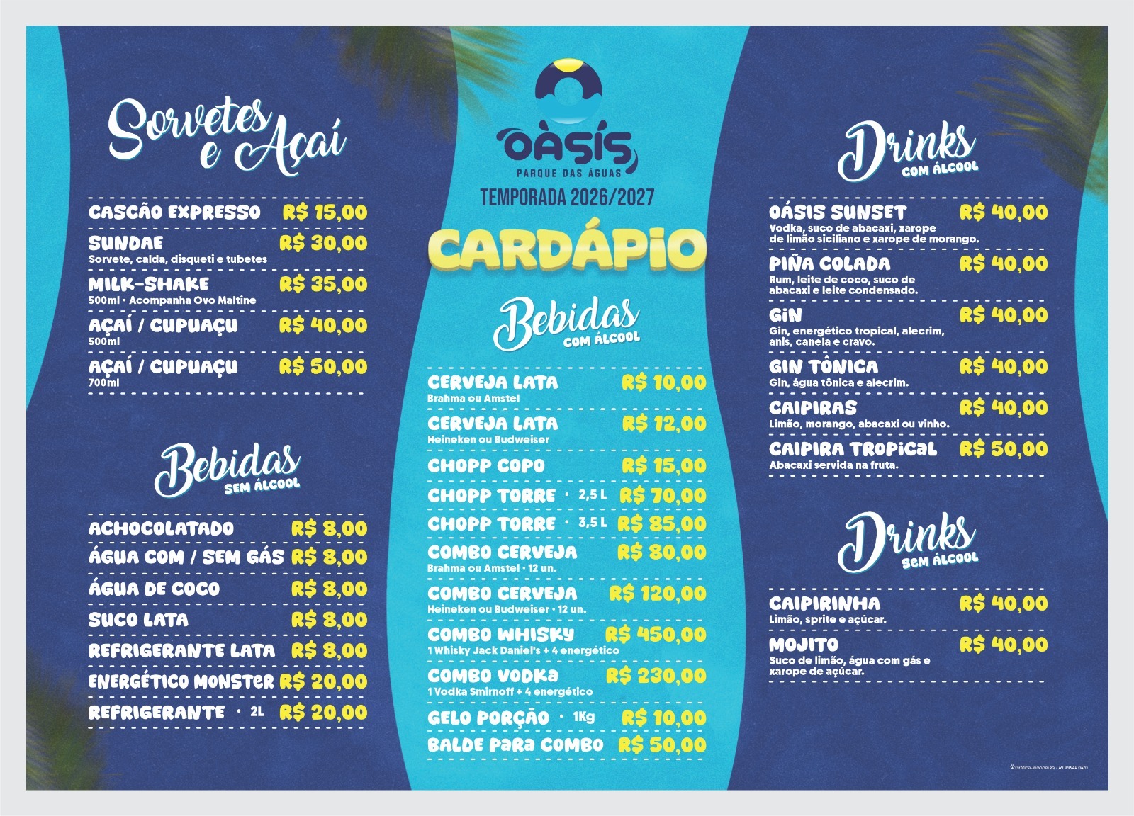 Cardápio Oásis Parque das Águas: bebidas, drinks, sorvetes e açaí